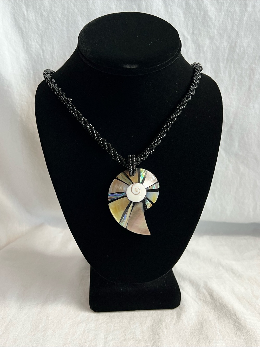 Beachcore Abalone Shell Spiral Pendant Necklace Black Beaded Cord Statement